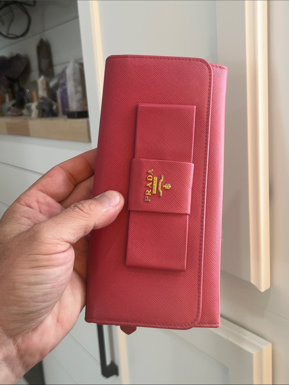 Prada Fuchsia Saffiano Leather Bow Continental Wallet Good Condition - Picture 12 of 13